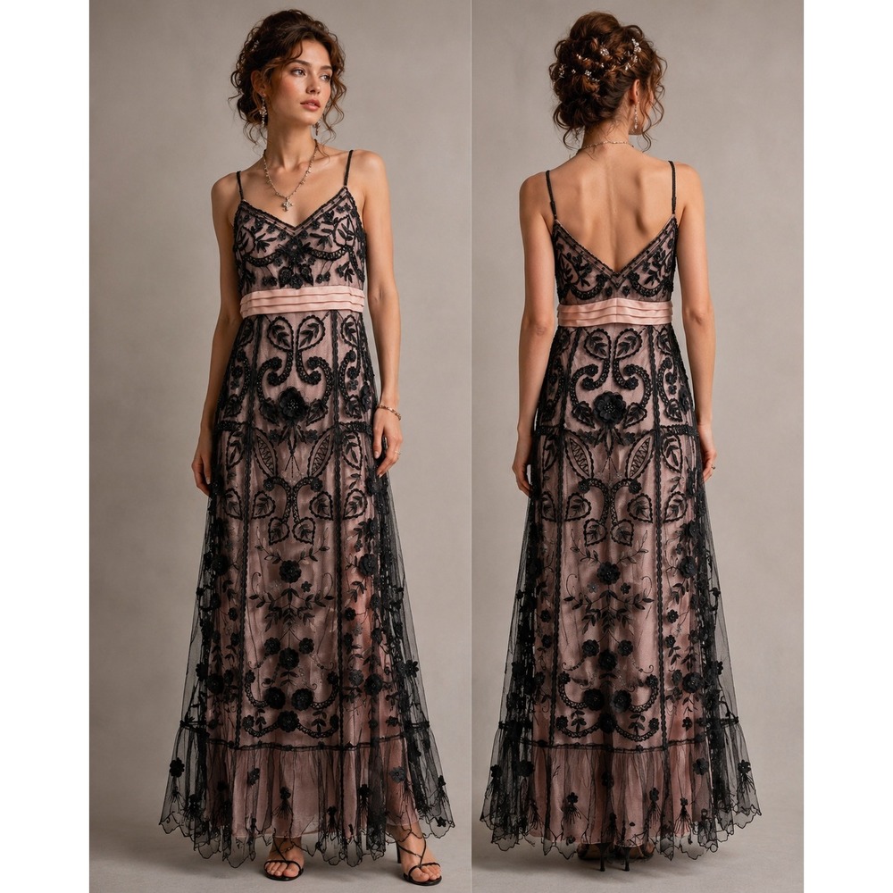 VTG 90s Sue Wong Nocturne Maxi Dress 6 Pink Black Beaded Lace Mesh Fairy Gown‎